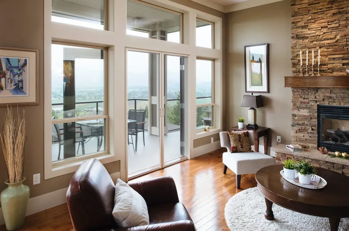 A retractable screen across an open pair of French doors