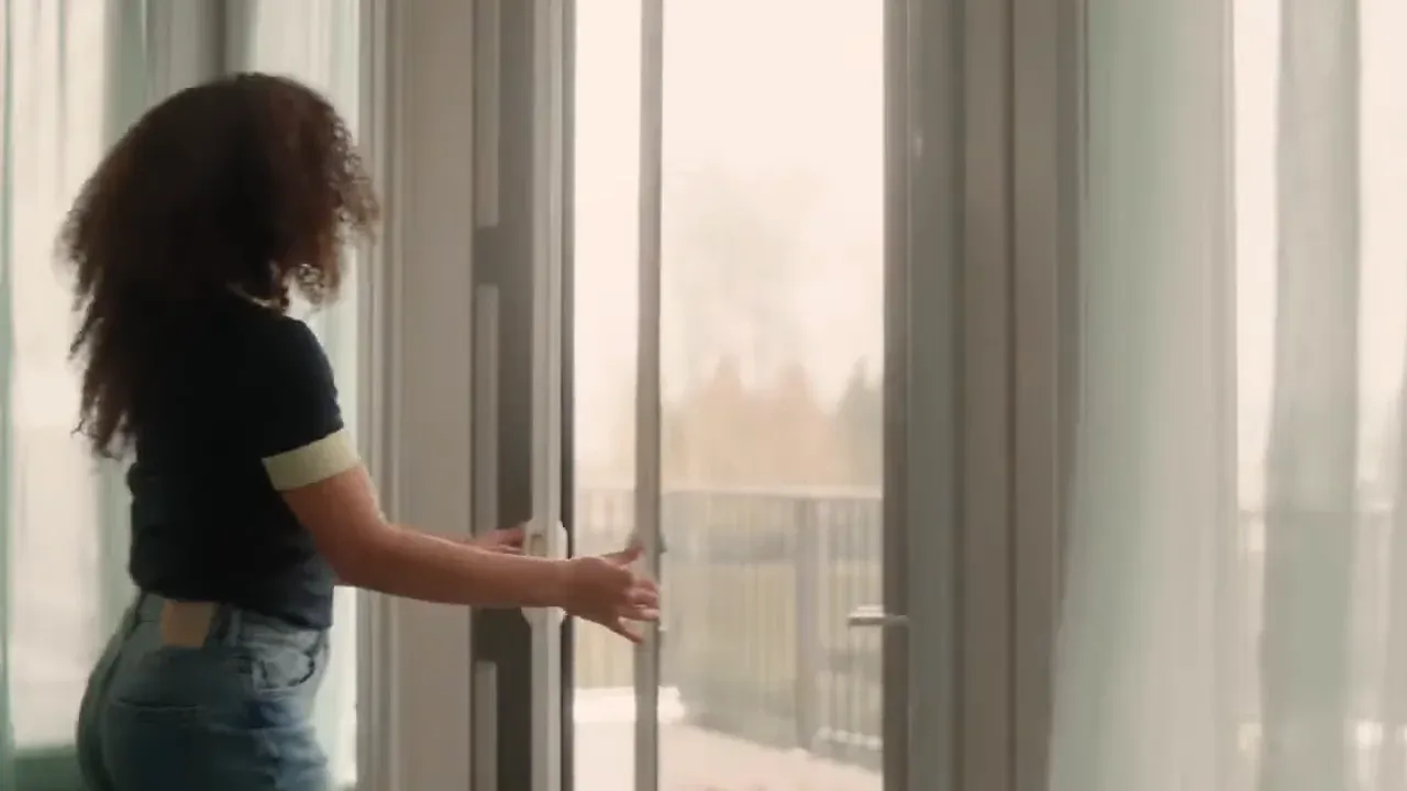 A woman drawing a Phantom retractable screen across wide doors onto a deck