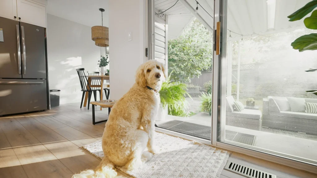 Dog wanting to be let out through a pet proof Phantom insect screen.